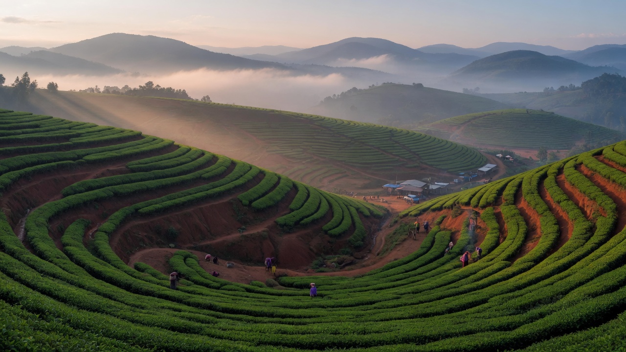 Thyolo tea estates — Shire Highlands · morning mist over the tea